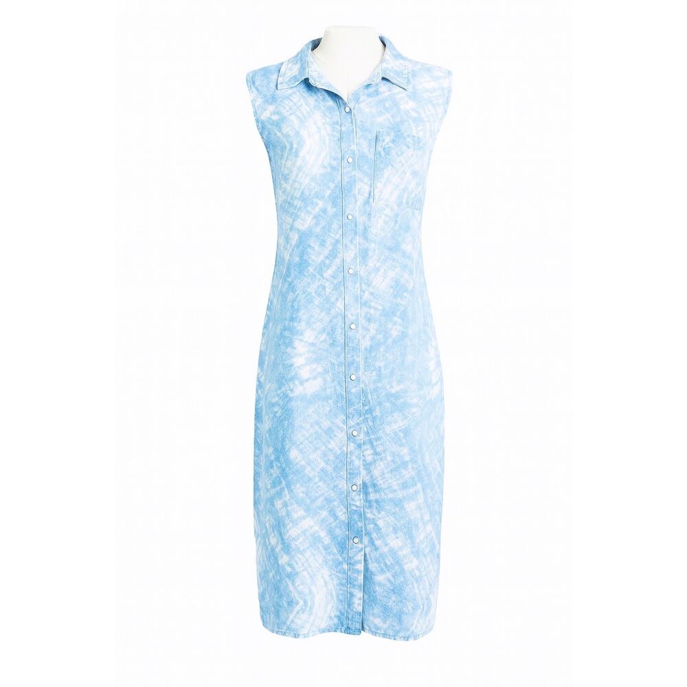 Calvin Klein Sleeveless Shirt Dress Size 12 Blue White Tie-Dye Denim Look